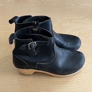 No. 6 Leather Clog Buckle Boot on Mid Heel in Black Size 37